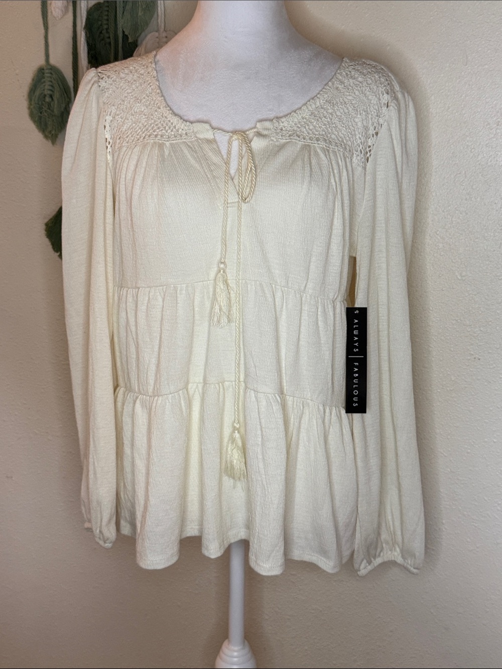 Absolutely Famous Cream Crochet Yoke Tie-Front Peasant Tunic